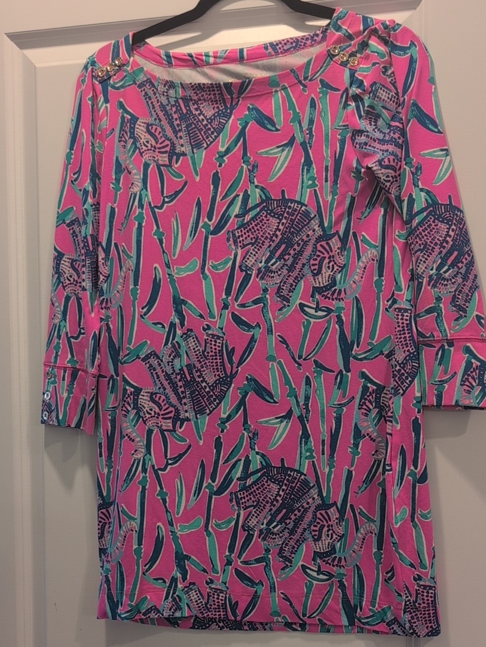 Lilly Pulitzer Pink Tropical Boatneck Tunic with Teal & Navy Print